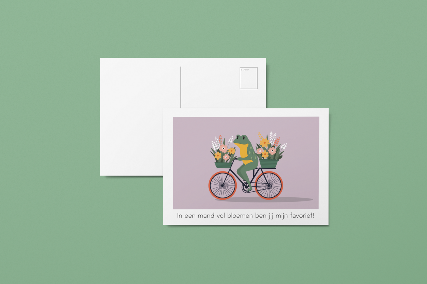 Kaartje kikker op fiets met bloemen 2