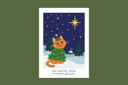 Kerstkaart - Kat in kerstboompakje
