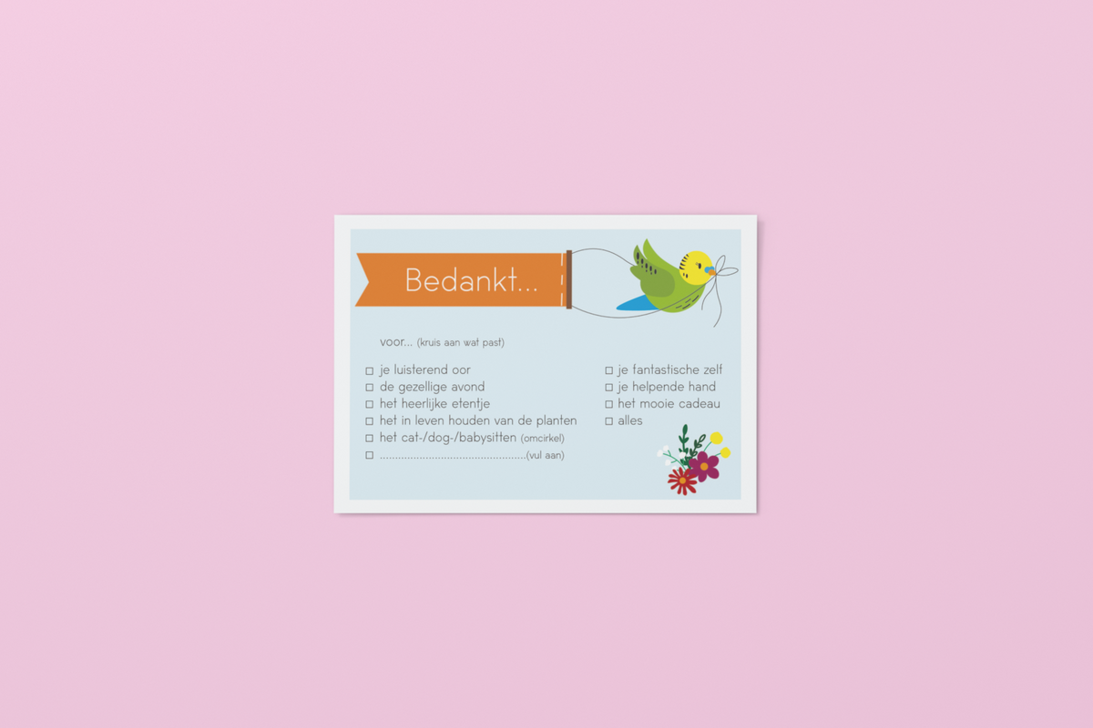 Bedankkaart met de tekst "Bedankt" en een parkiet, vooraanzicht