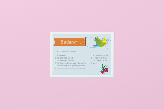 Bedankkaart met de tekst "Bedankt" en een parkiet, vooraanzicht