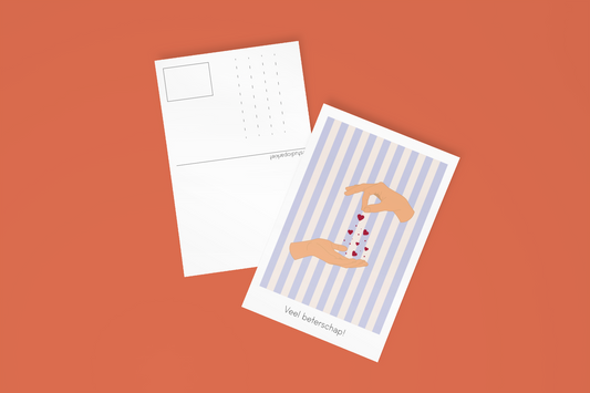 Beterschapskaart met circusillustratie en de tekst "Veel beterschap!", voor- en achteraanzicht