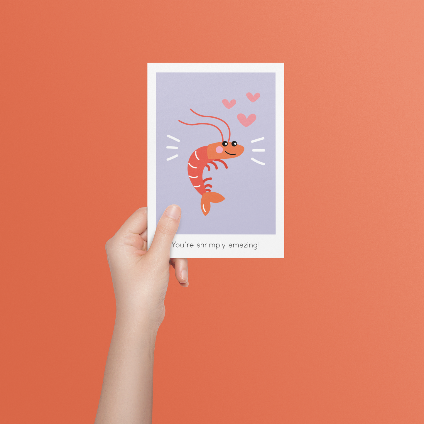 Kaart met een garnaal en de woordgrap "You're shrimply amazing!", vooraanzicht