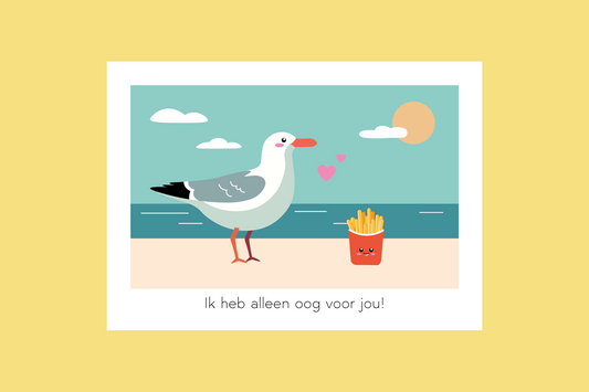 Liefdeskaart met meeuw en de tekst "Ik heb alleen oog voor jou!", vooraanzicht