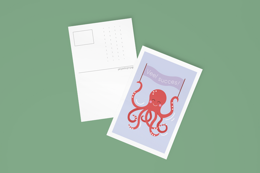 Succeskaart met een octopus en de tekst "Veel succes", vooraanzicht