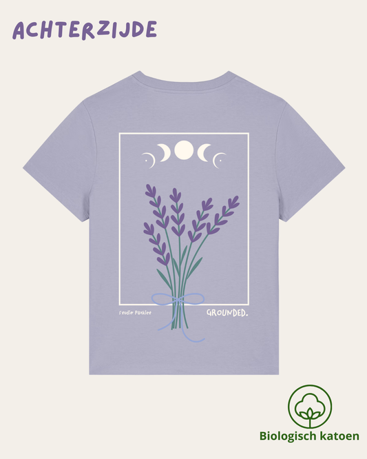 Lavendel T-shirt in biologisch katoen met maanfasen 'Grounded', vooraanzicht
