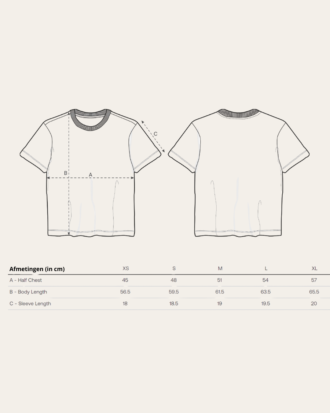 Maattabel voor de t-shirts Grounded en Daydreamer