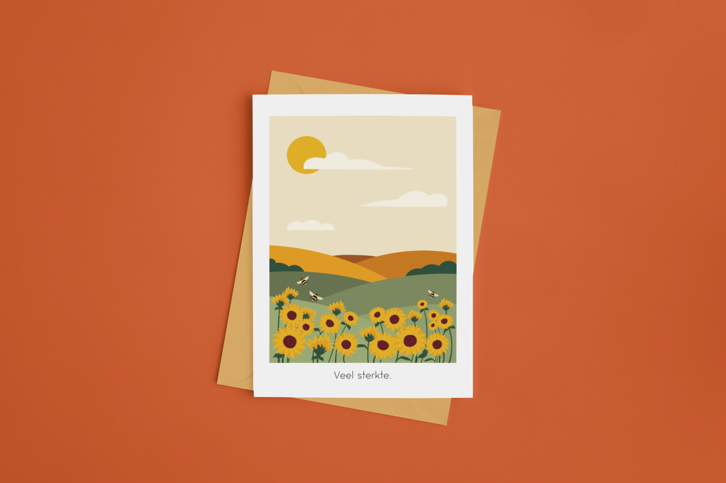 Rouwkaart "Veel sterkte" met zonnebloemen, vooraanzicht