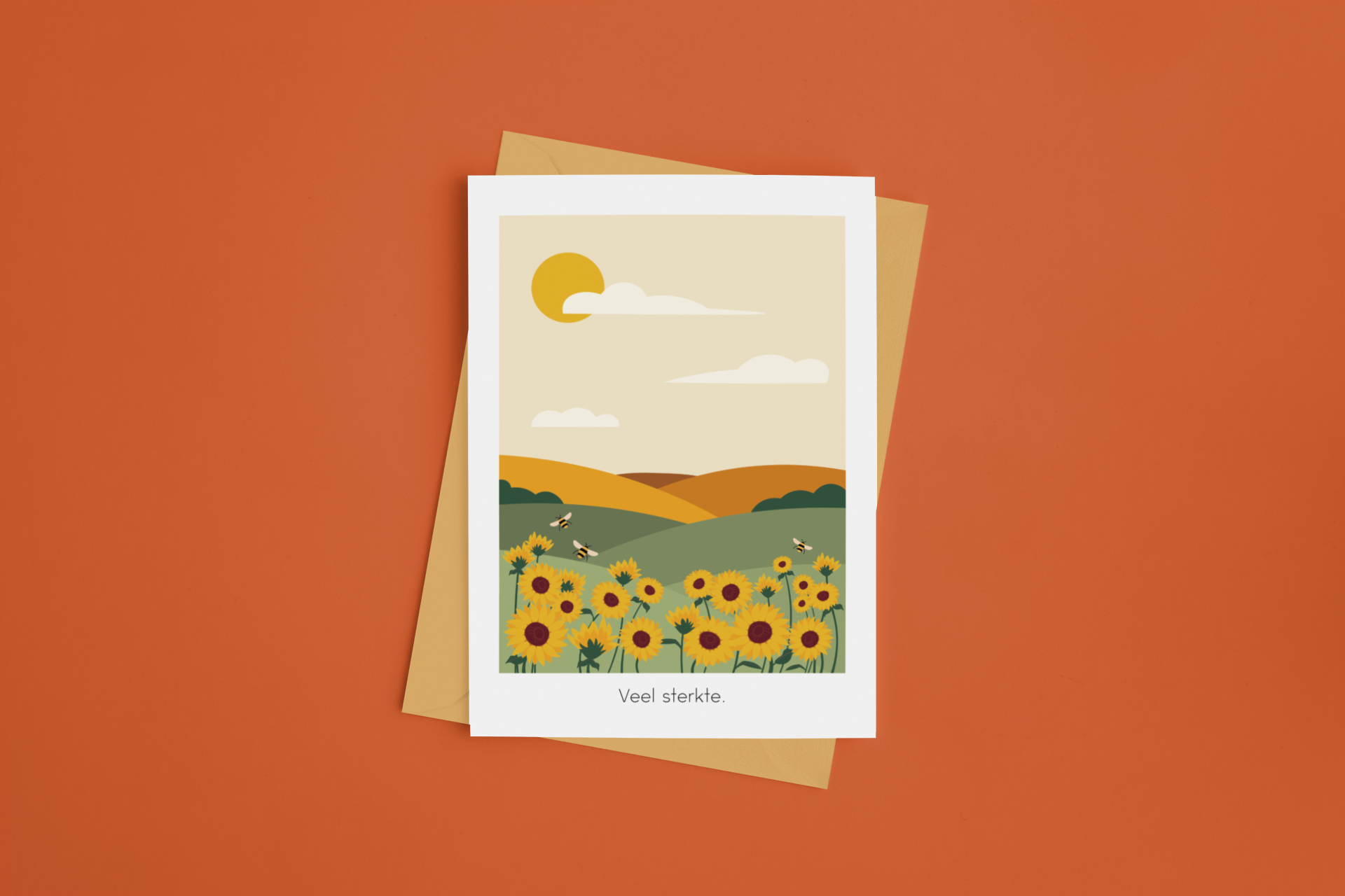 Rouwkaart "Veel sterkte" met zonnebloemen, vooraanzicht