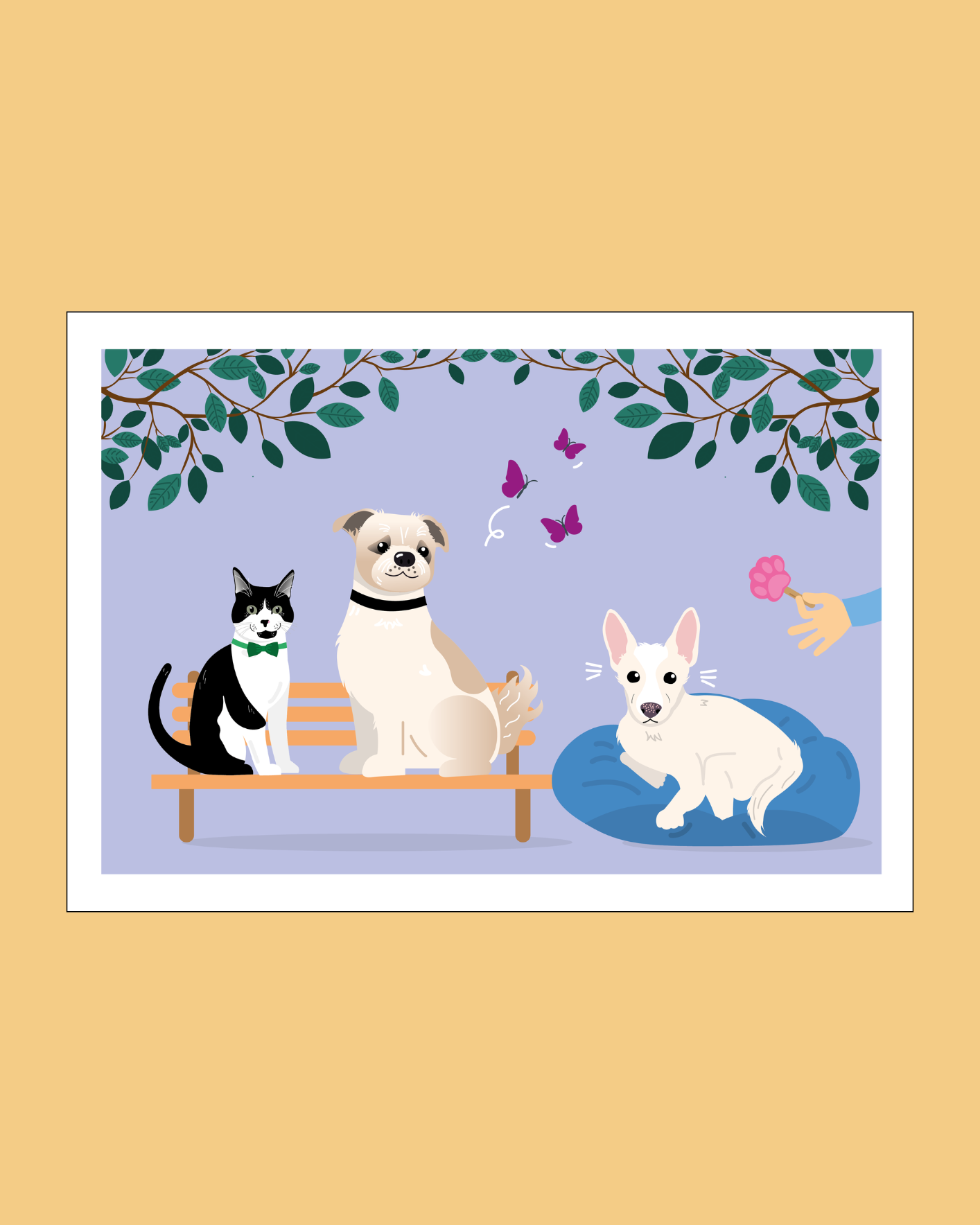 Een portret van overleden huisdieren (kat en twee honden) getekend door Studio Parkiet
