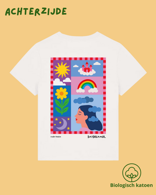Gebroken wit T-shirt voor vrouwen in biologisch katoen met kleurrijke en vrolijke rugprint 'Daydreamer', achterkant