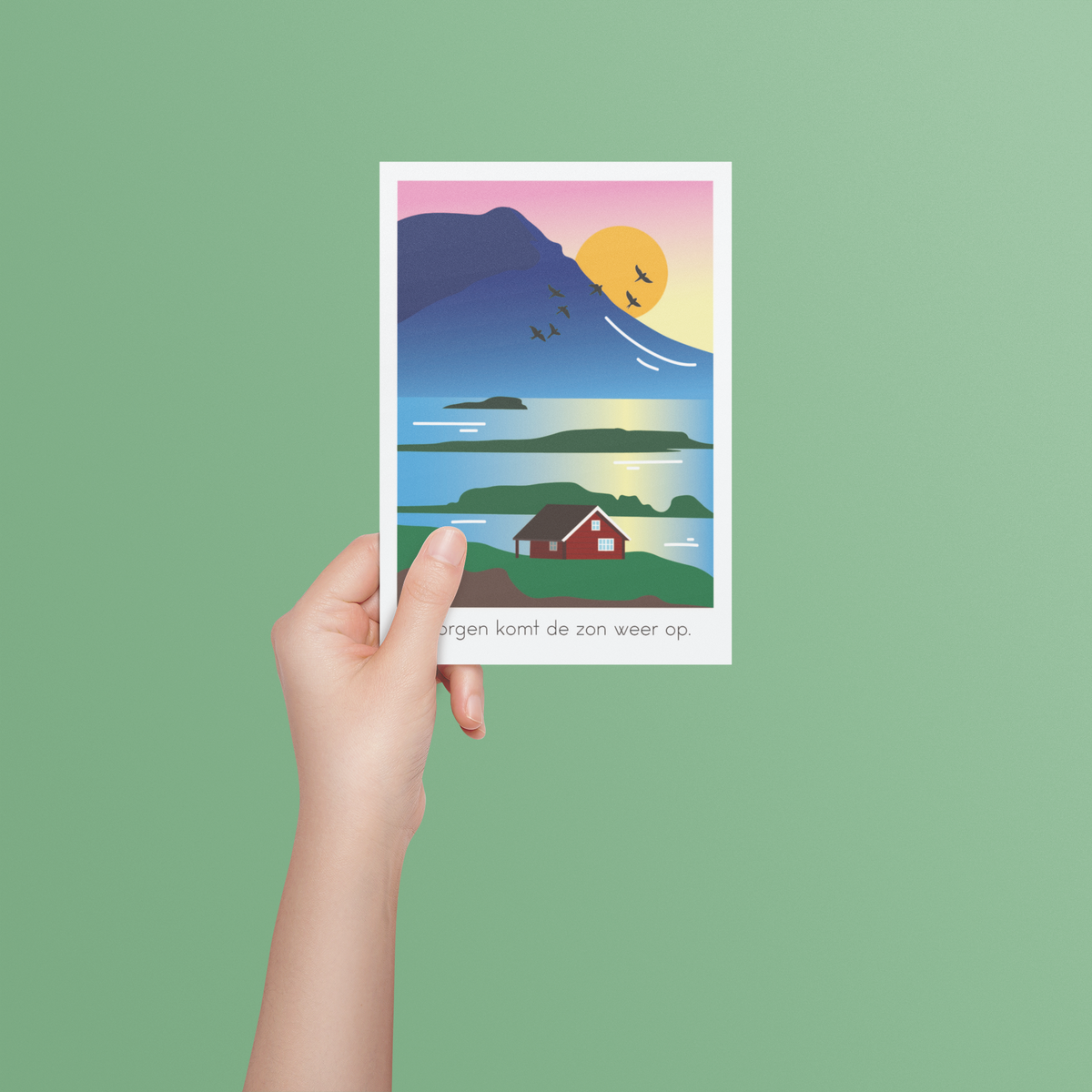 Troostkaart met een opkomende zon en de tekst "Morgen komt de zon weer op", vooraanzicht