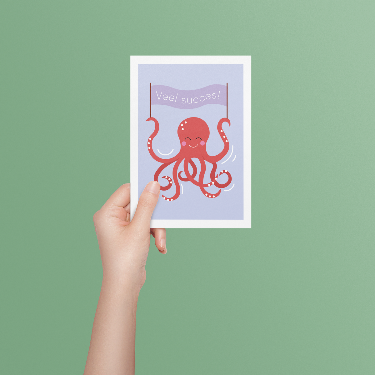 Succeskaart met een octopus en de tekst "Veel succes", vooraanzicht