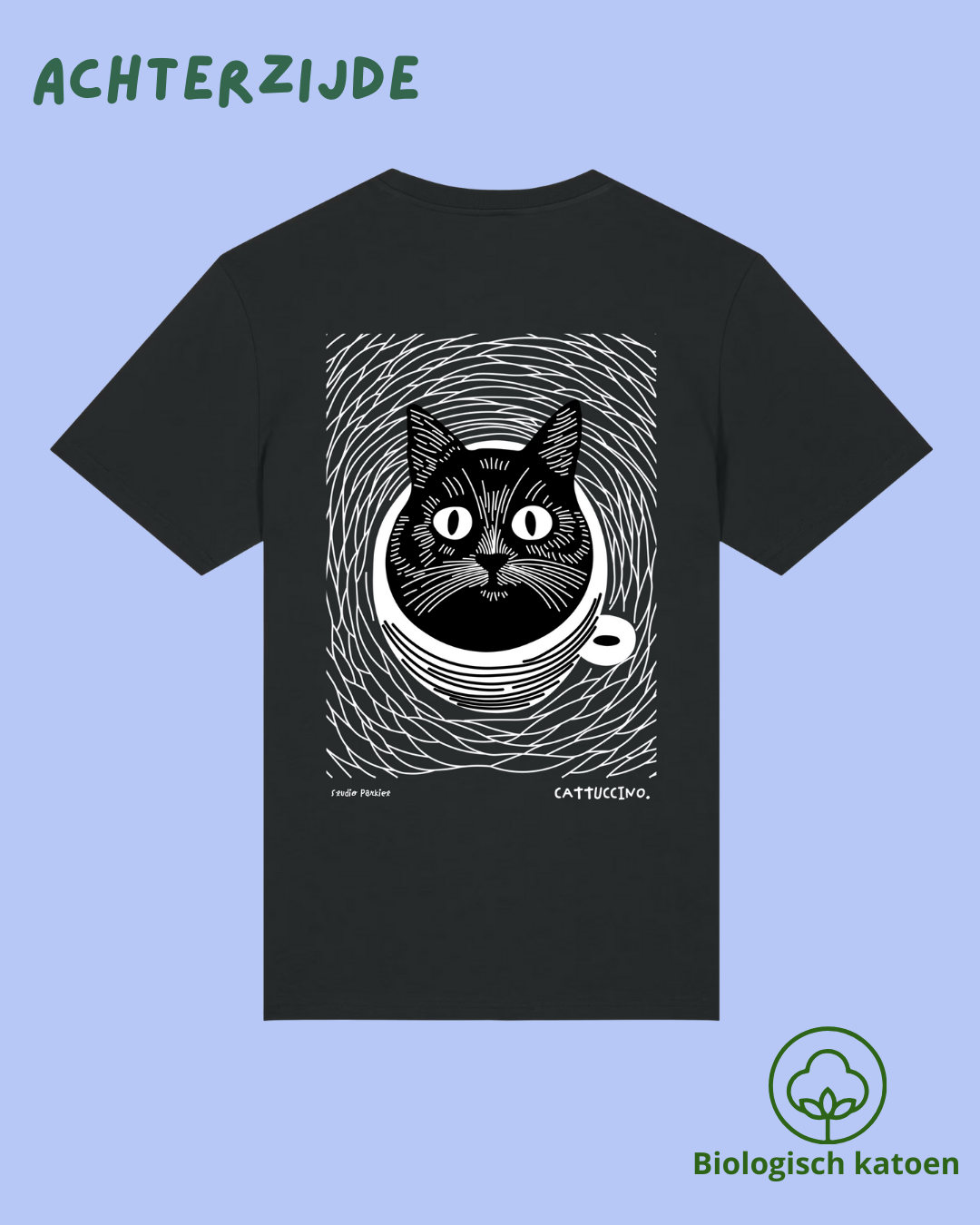 Zwart unisex T-shirt in biologisch katoen met een kat in een koffiekop rugprint 'Cattuccino'