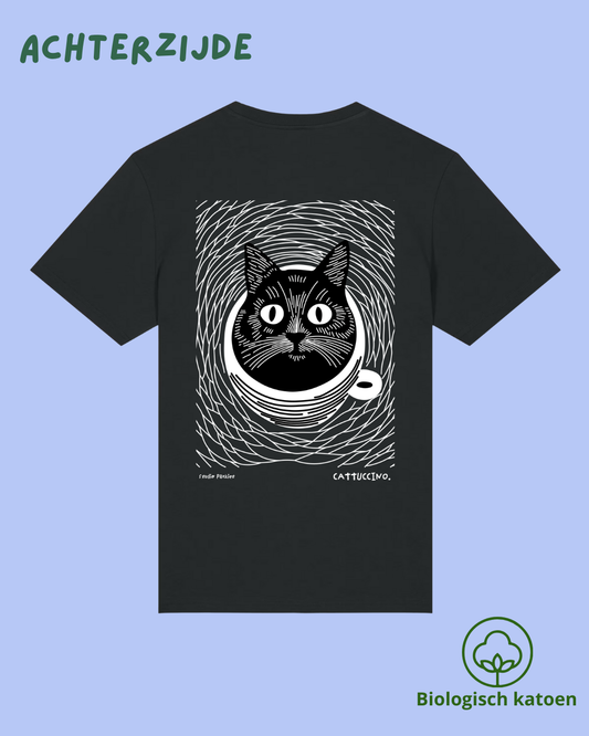 Zwart unisex T-shirt in biologisch katoen met een kat in een koffiekop rugprint 'Cattuccino'