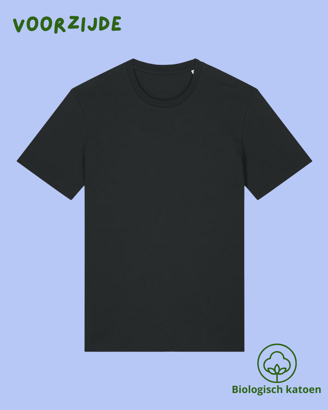 Zwart unisex T-shirt in biologisch katoen met kat in koffiekop rugprint, blanco voorkant